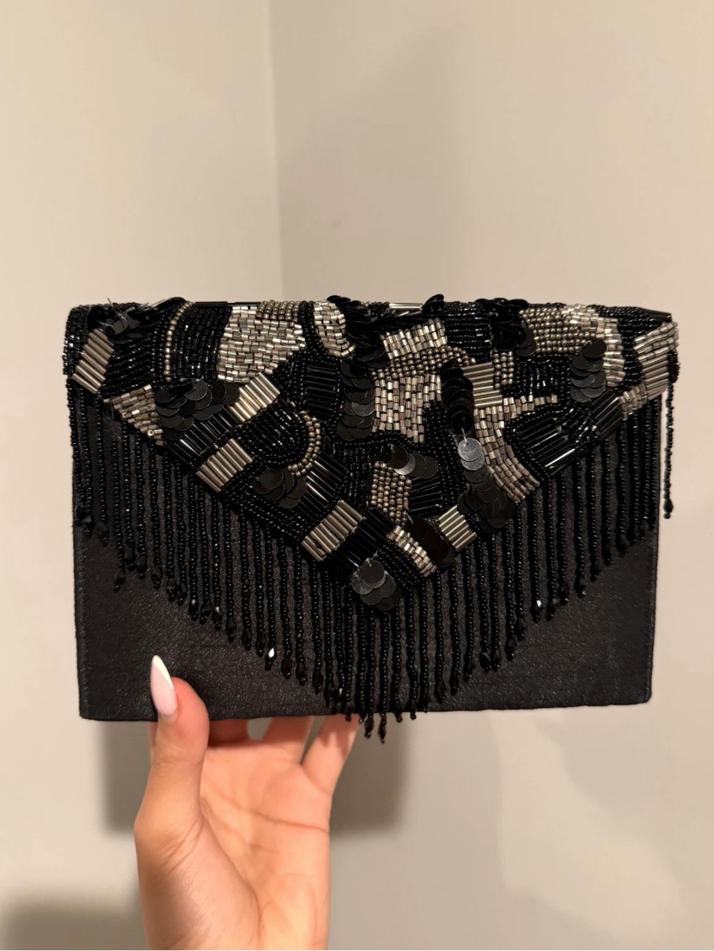 Black Beaded Fringe Evening Clutch
